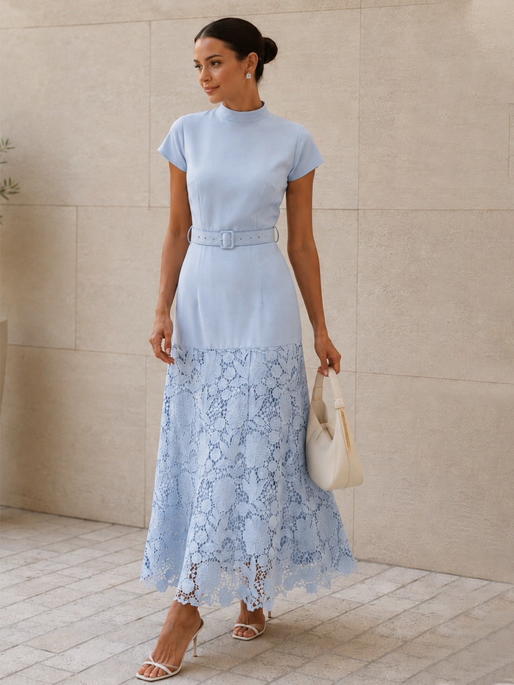Commense Belted Short Sleeve Lace Hem Midi Dress